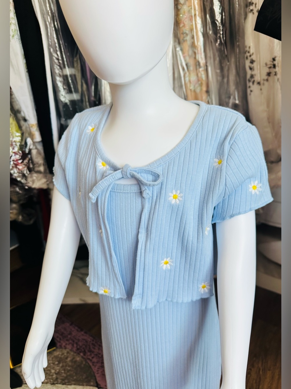 Btween Girls Blue Daisy Ribbed Dress & Matching Tie-Front Shrug Set - Picture 2 of 9